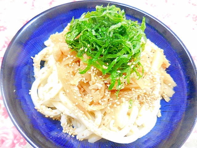 牛蒡と油揚げ煮のっけde❤大葉香るぶっかけうどん