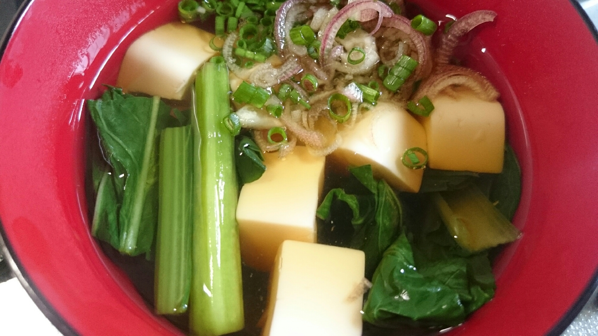 小松菜と豆腐の麺つゆ風〜みょうが風味