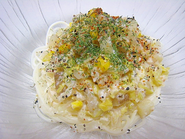 野菜だけで絶品♪白菜コーン梅豆乳カルボナーラうどん