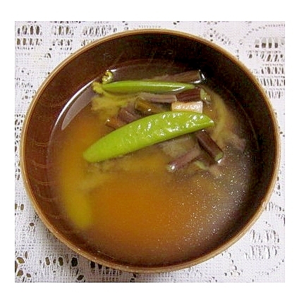 絹さや・なす・わらびの味噌汁