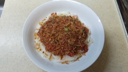 鯖缶とトマト缶で冷やしぶっかけそうめん