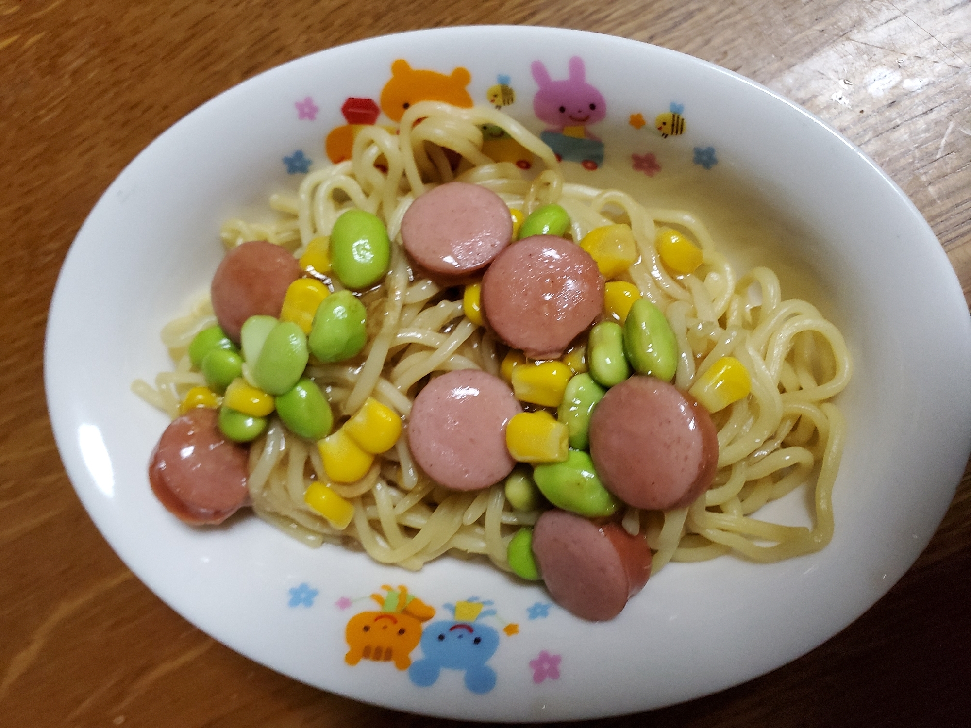 ウインナーと枝豆とコーン餡掛け焼きそば