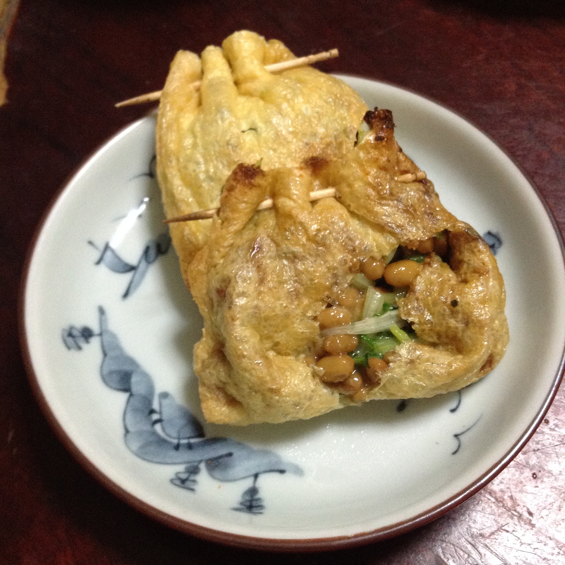 水菜と納豆の金山寺味噌和え巾着焼き