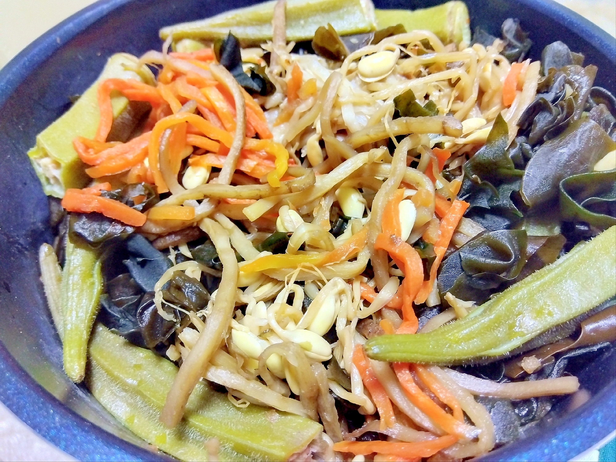 ごぼう人参ワカメ豆もやしオクラ味噌煮