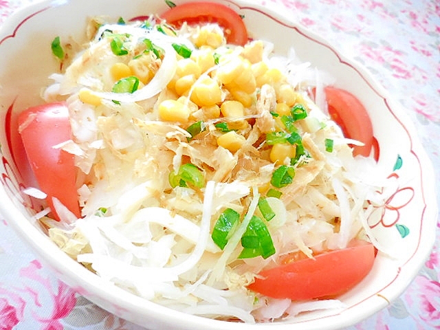 ❤新玉ねぎとトマトとおかかのサラダうどん❤