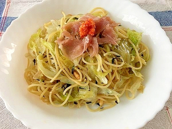 お茶漬けパスタの生ハム乗せ