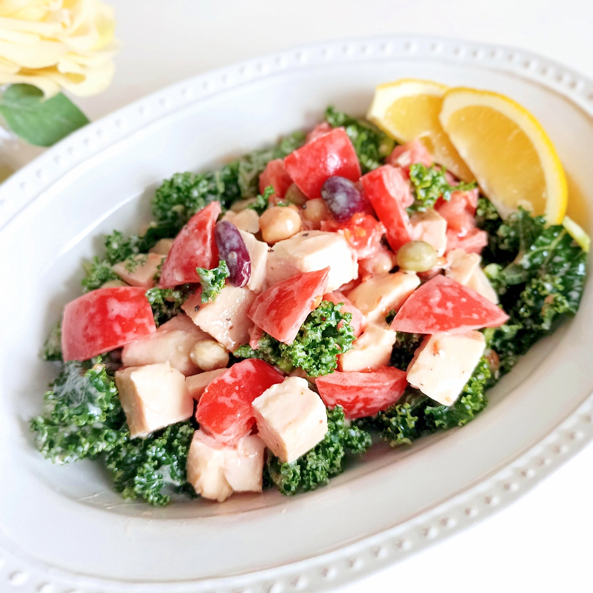 サラダチキンdeᕷ*お豆とケールの簡単サラダꕤ୭*