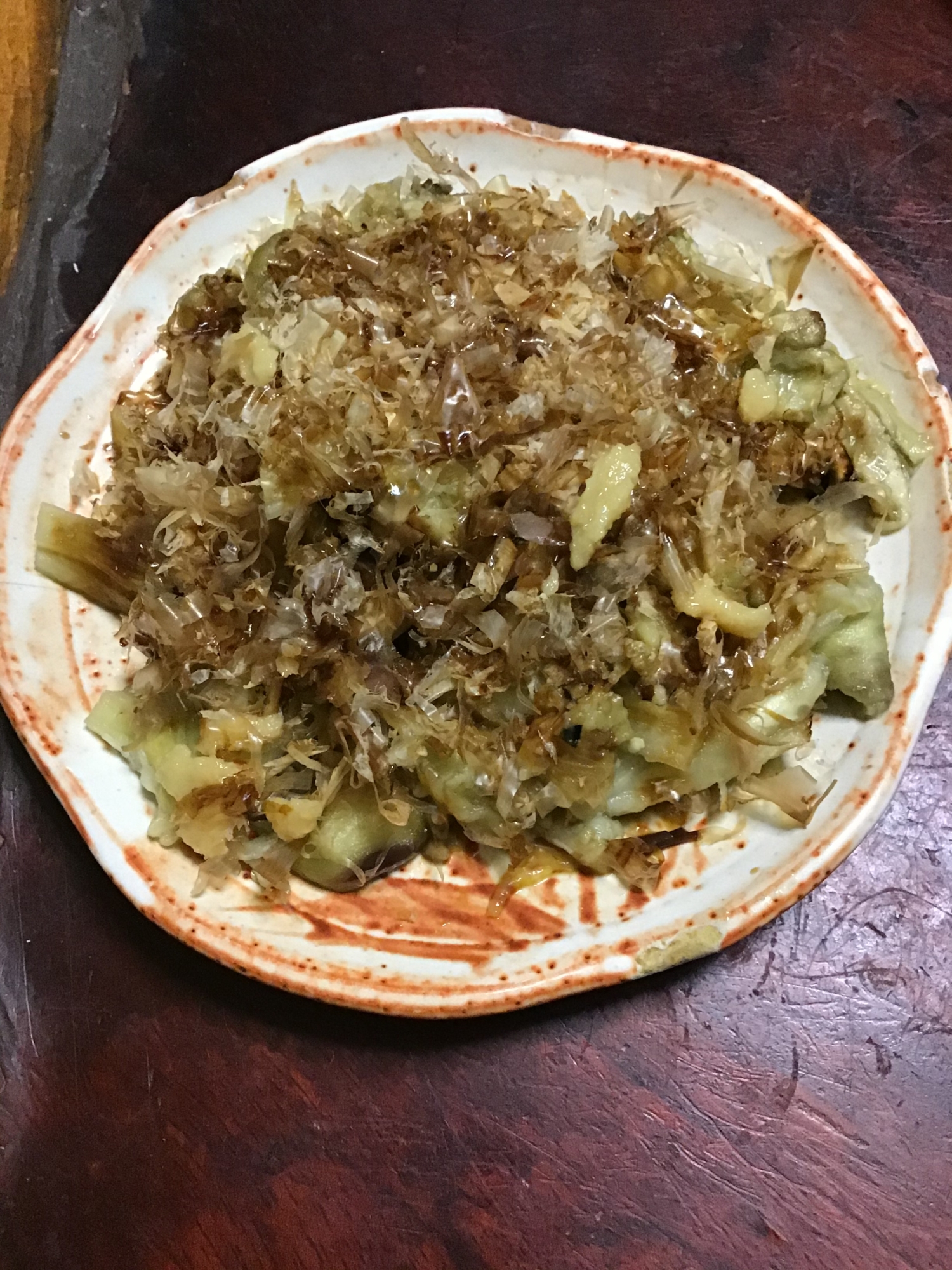 焼きナスのミョウガ&鰹節のポン酢掛け。