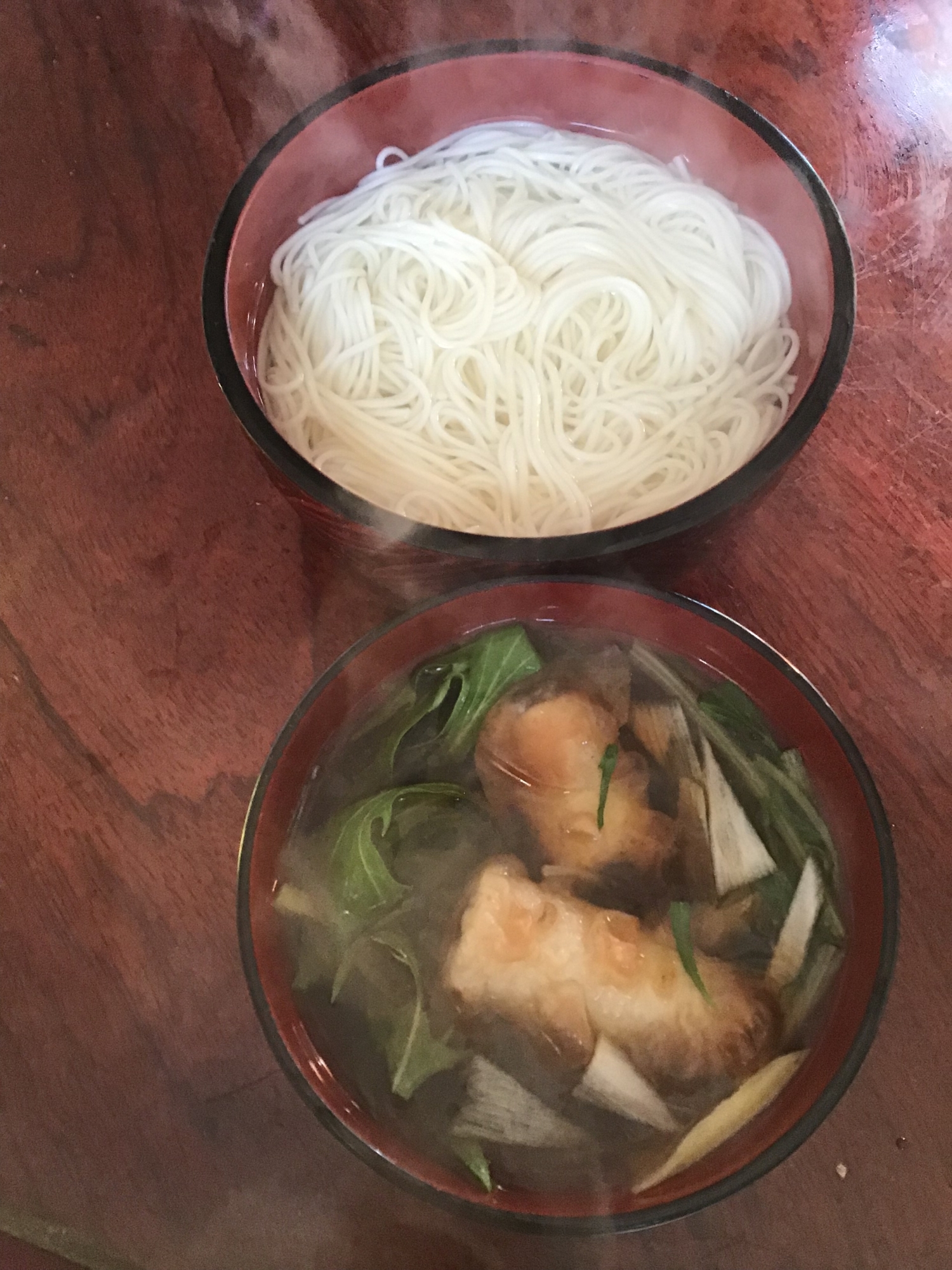 釜揚げ風そうめん@ちくわと水菜のつけ汁。