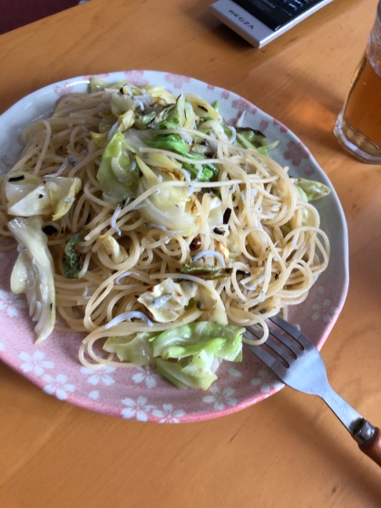 エビがなかったので、代わりにシラスを入れました！ペペロンチーノは美味しいですね！また作ります！