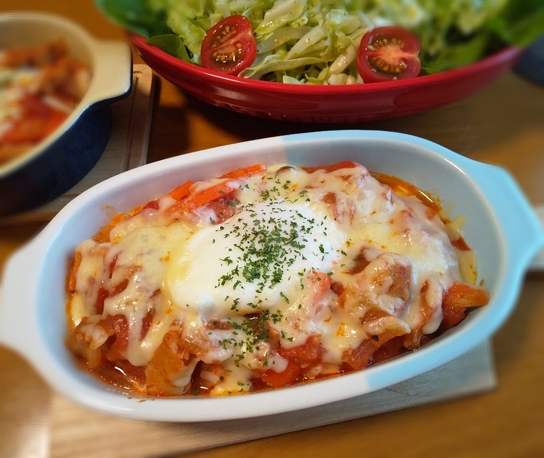 鶏肉のトマト煮リメイク*半熟卵のドリア