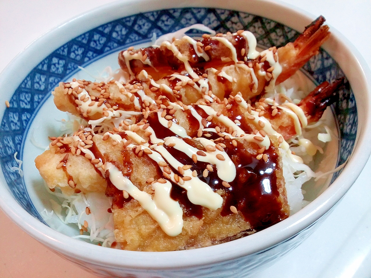 海老とさつま芋のソース天丼