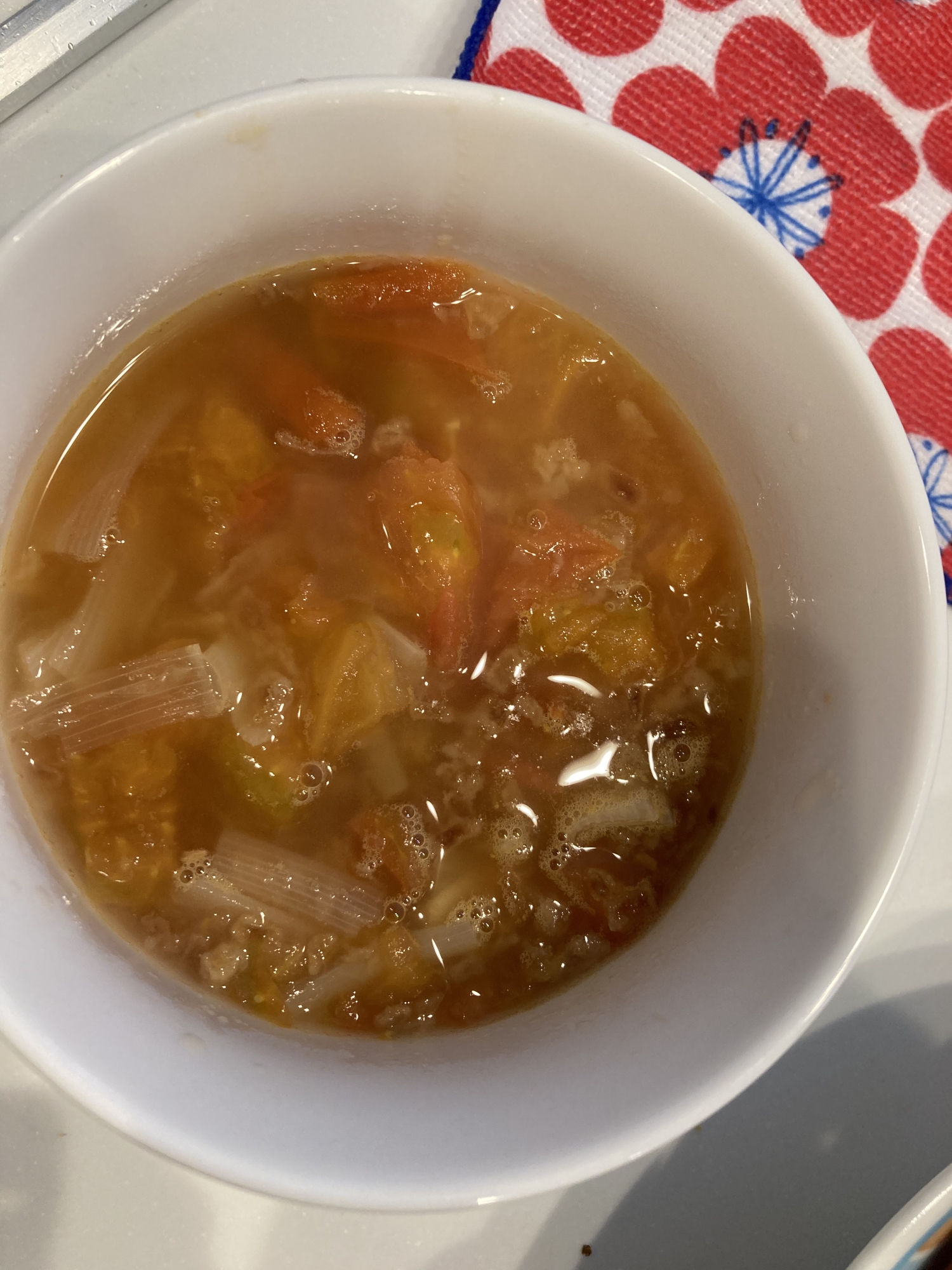 長ネギ　トマト　フライドオニオンスープ