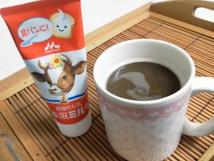 市販の練乳で作ったよ～(*^_^*)
甘いコーヒーは癒やされるなぁ～♪