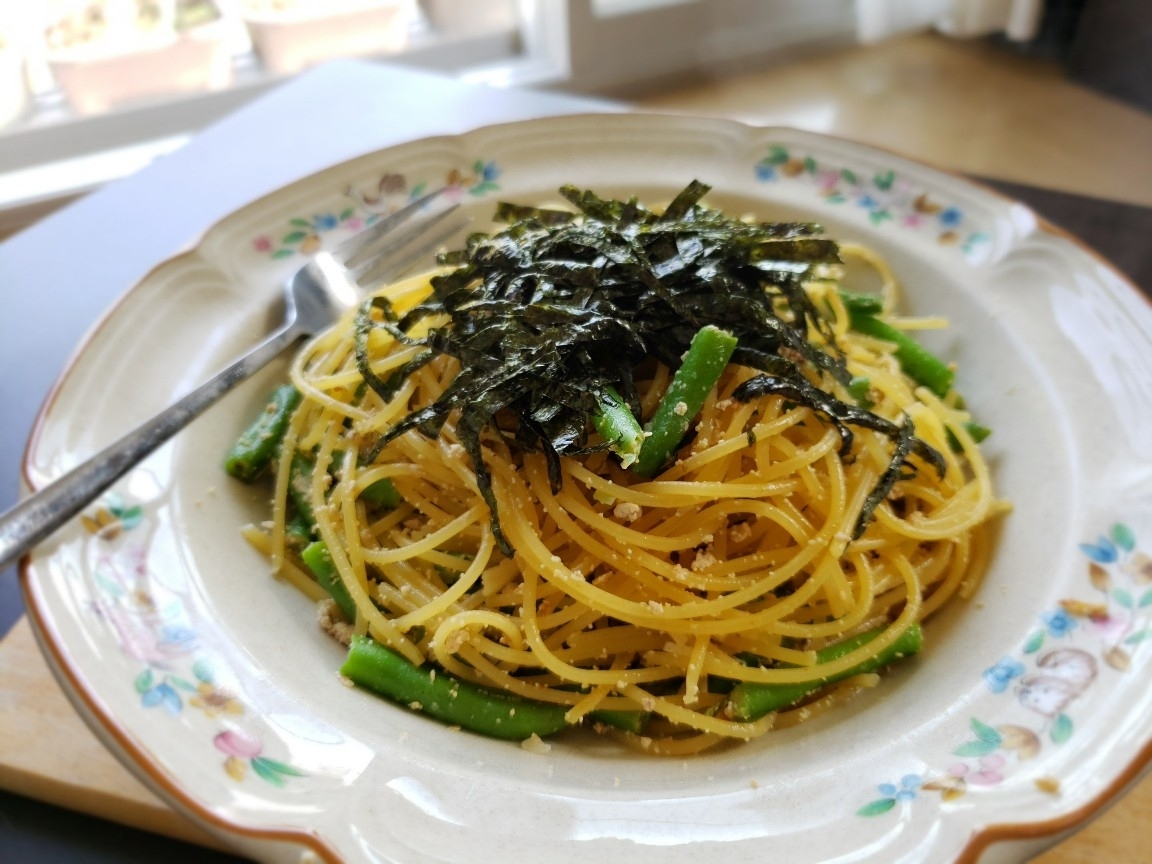 【独居自炊】生タラコとインゲンの和風パスタ