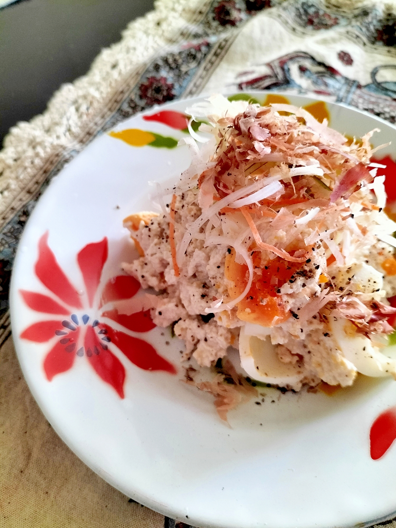 茹で卵と豆腐のねぎおかか白和え♪