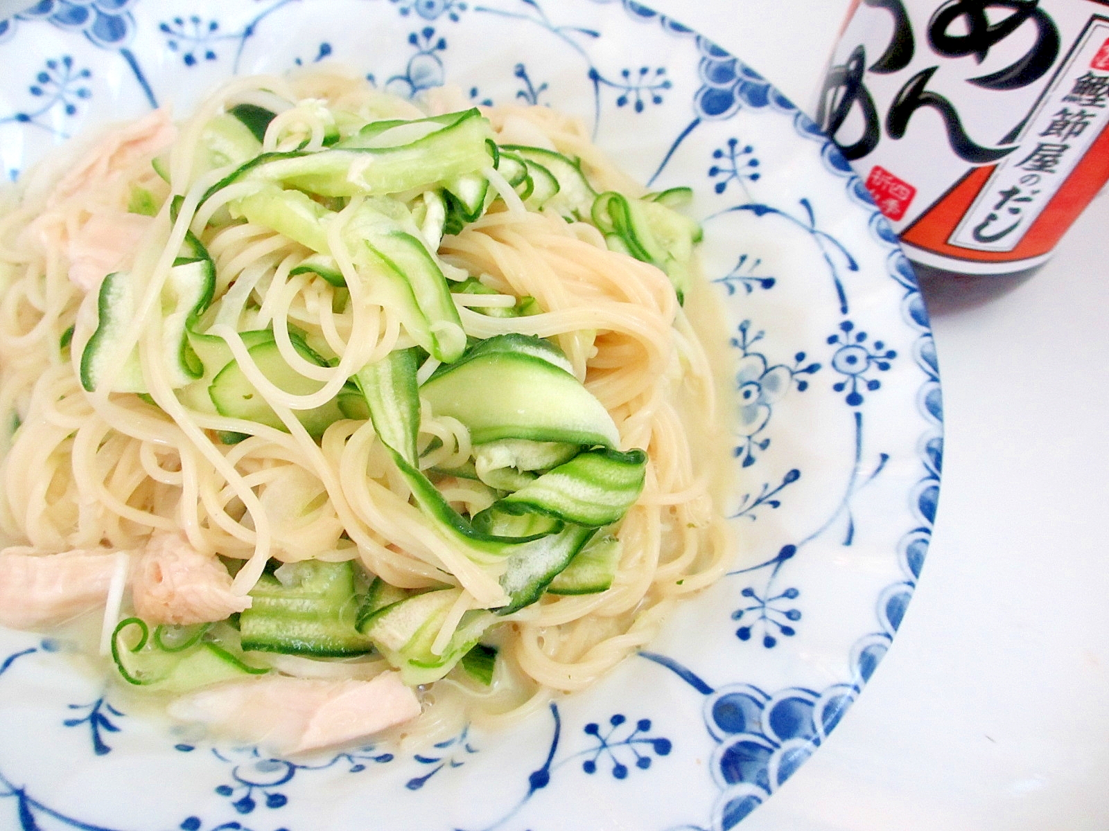 ササミときゅうりのめんつゆ豆乳パスタ