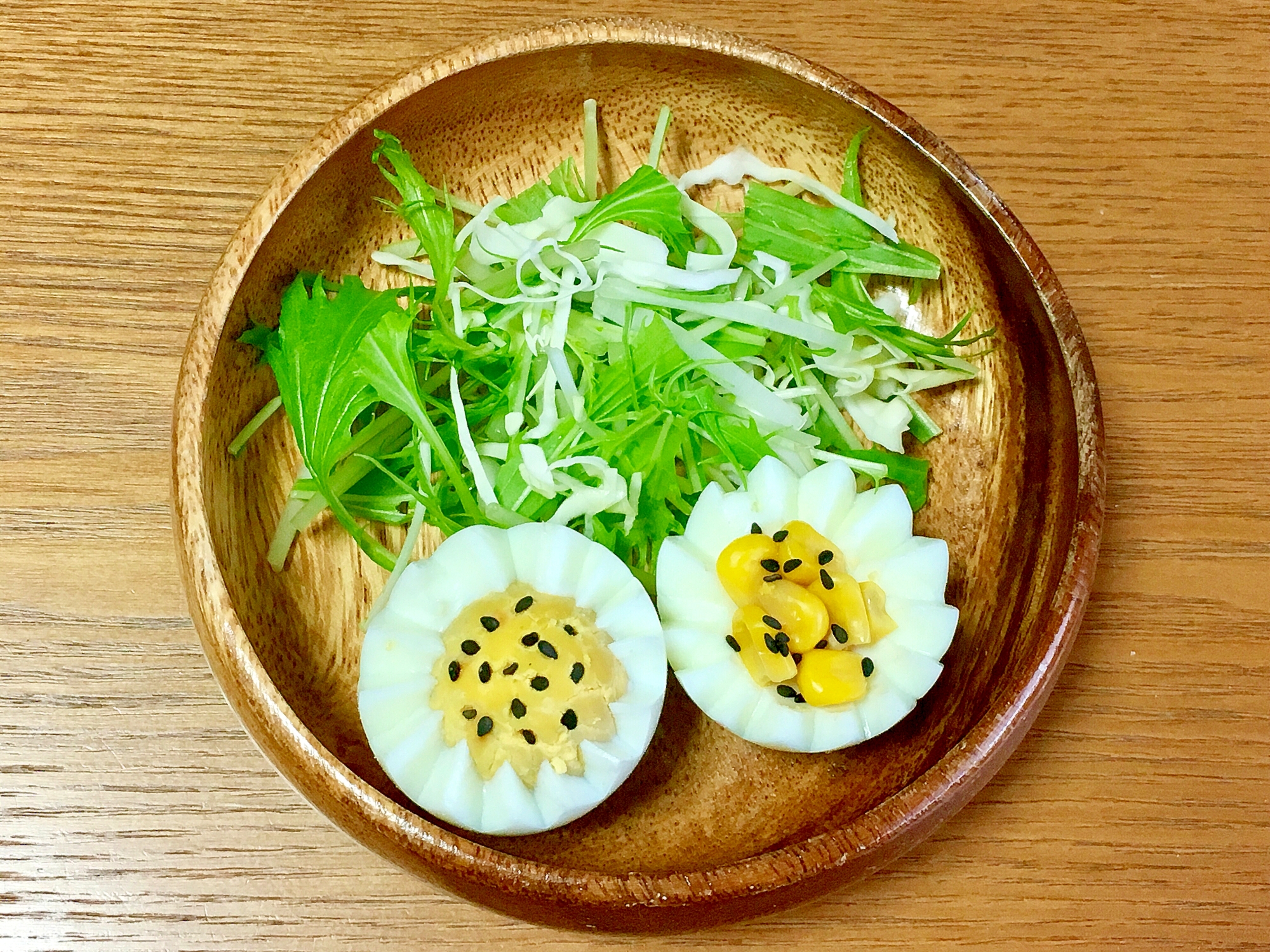 ゆで卵と水菜とコーンのサラダ レシピ 作り方 By おこのみっちゃん 楽天レシピ