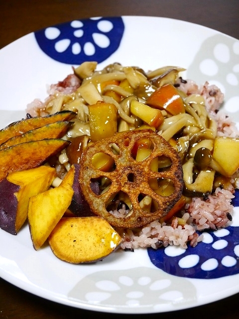 きのこの餡かけご飯　素揚げ野菜添え