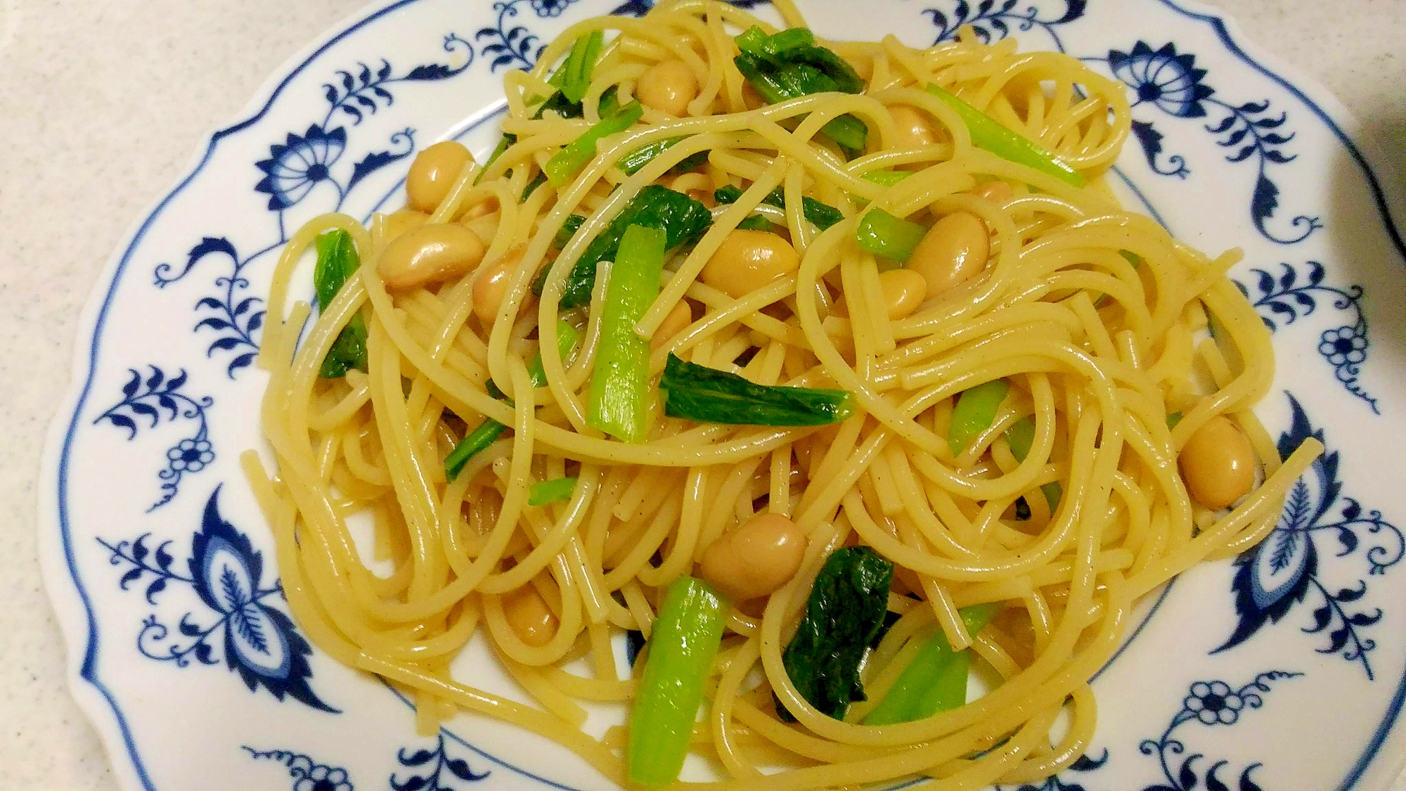 大豆と小松菜の和風パスタ