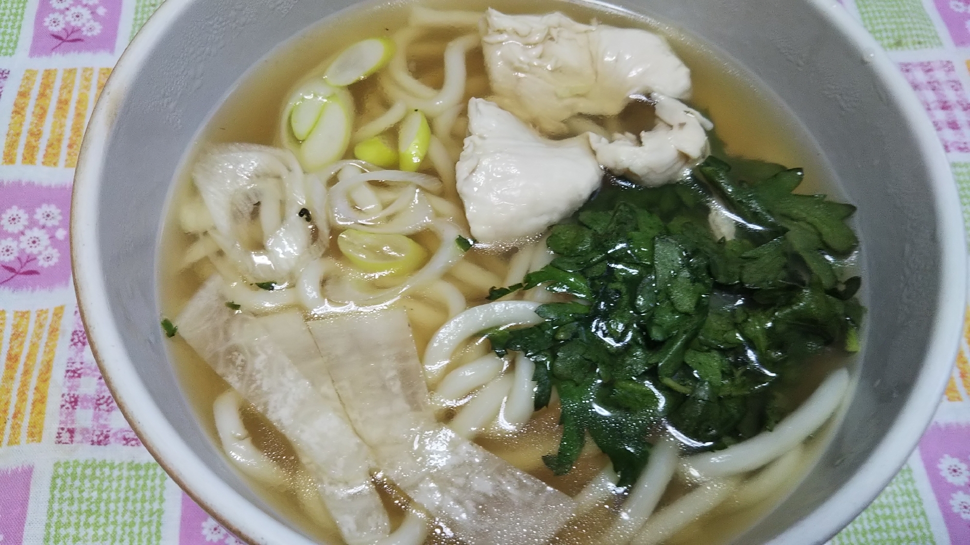 春菊と鶏むね肉と大根と長ねぎのうどん☆