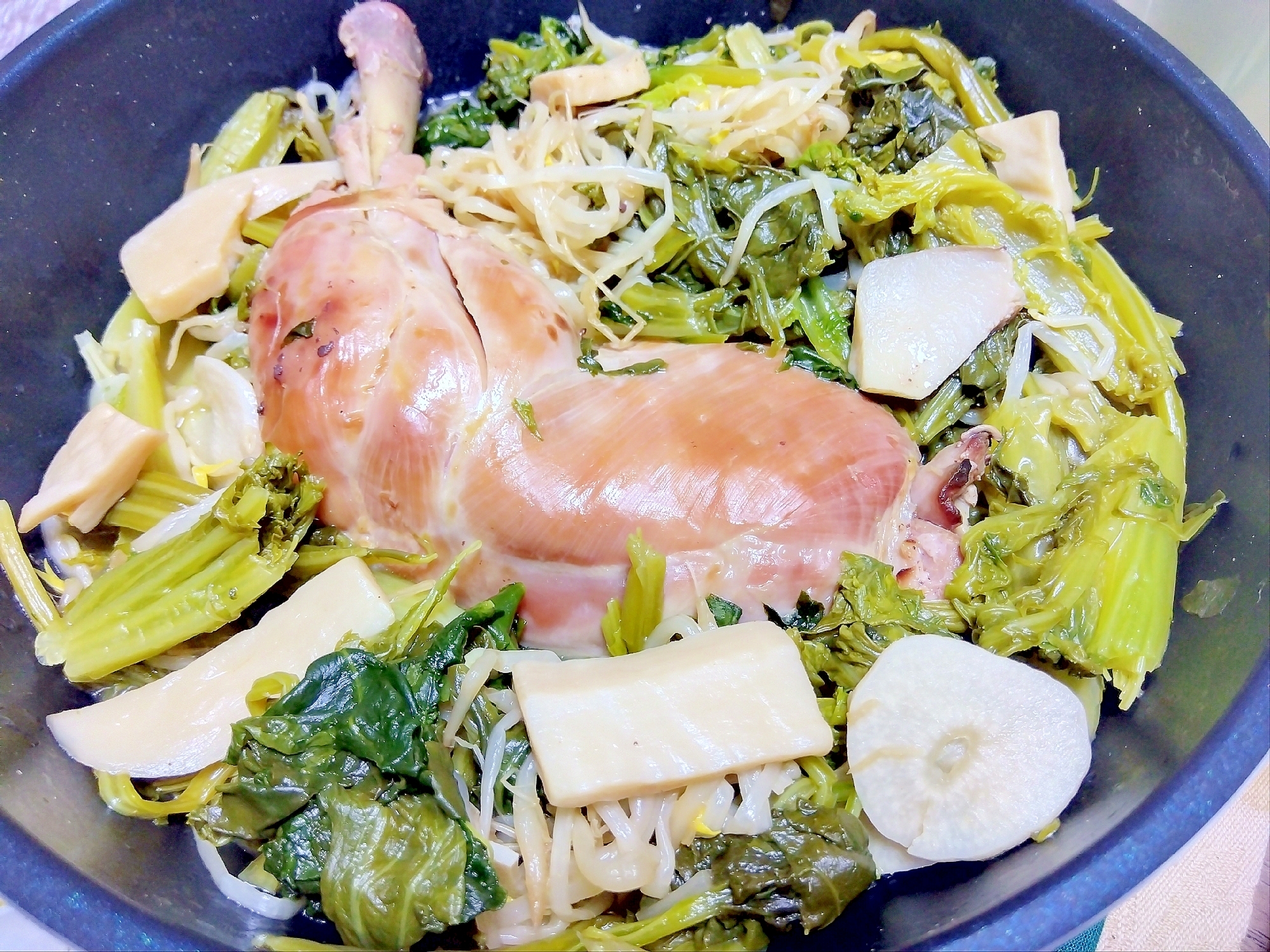 チキンもやしエリンギほうれん草わさび菜ルッコラ煮