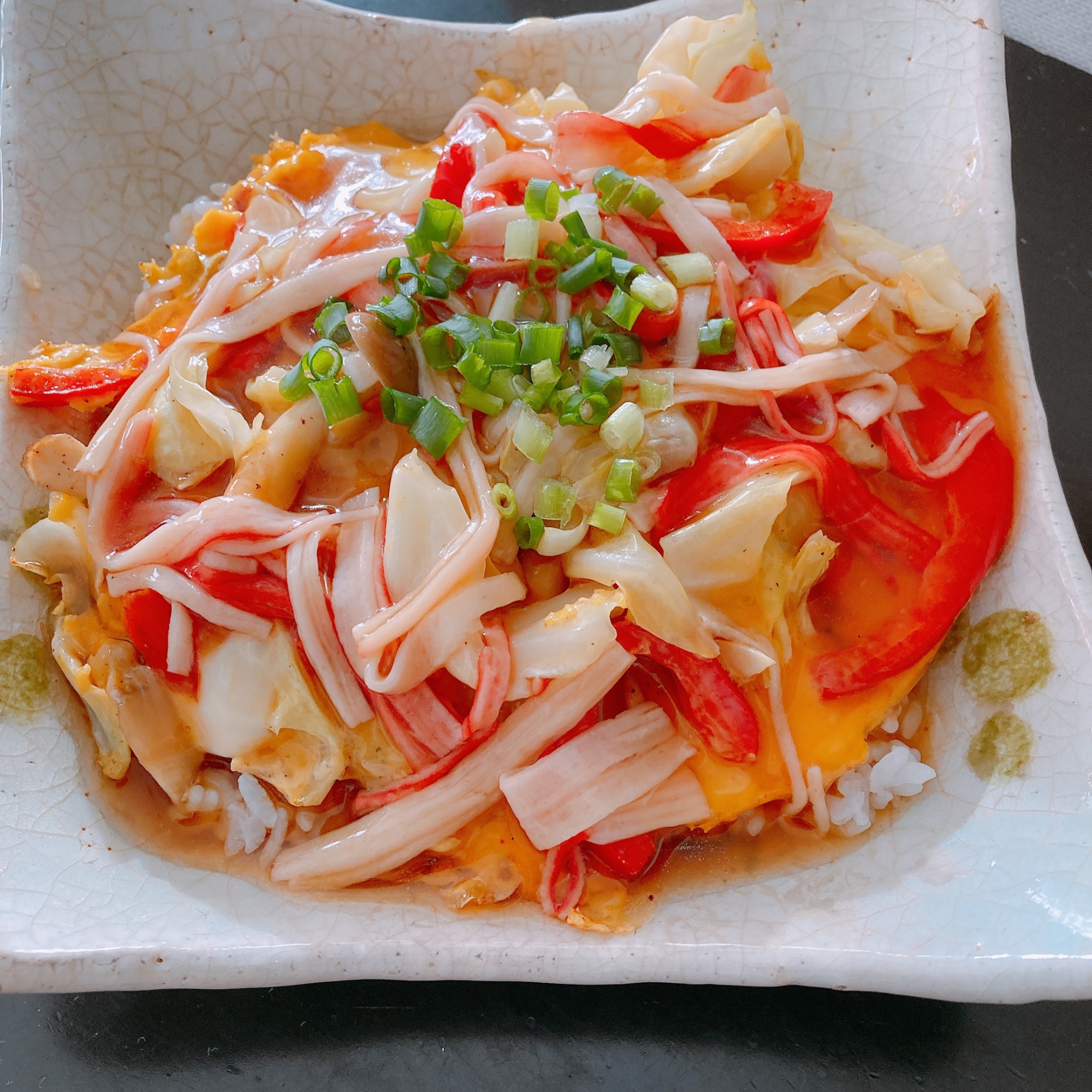 家にある野菜とカニカマで天津飯風