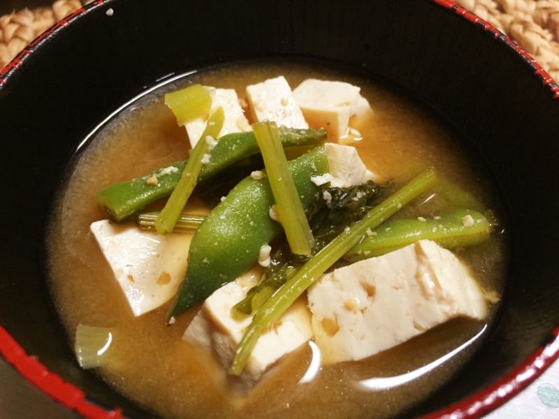 豆腐&ささげ&カブの茎の味噌汁