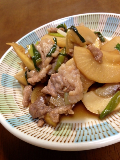 たけのことワケギと豚肉の煮物♡