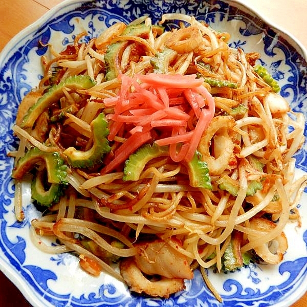 ６分！？+キムチ❤市販品でOK❤ゴーヤ入り焼きそば