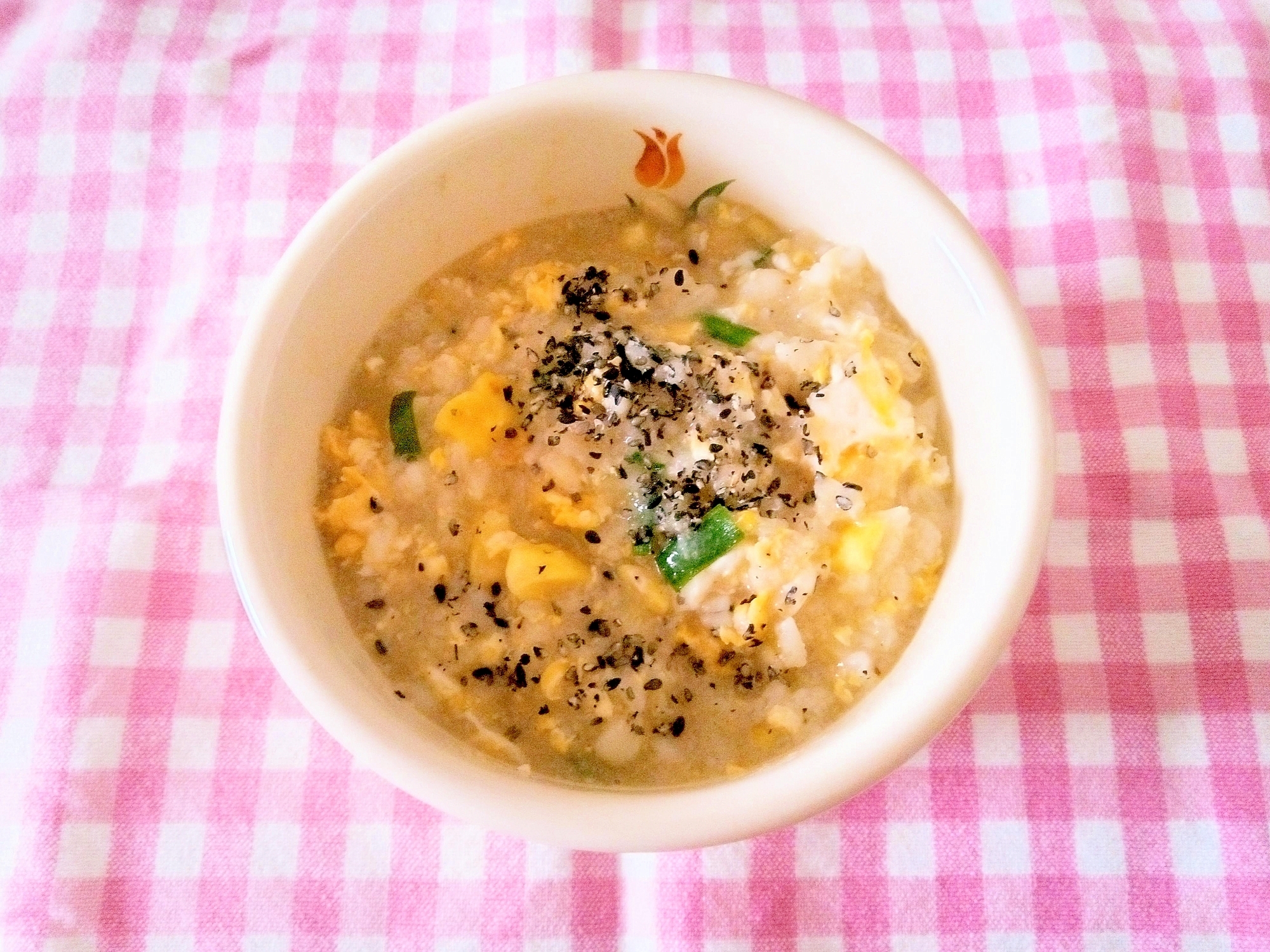 栗御飯で♪ニラ卵おじや