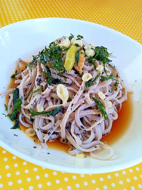 ひとりランチに簡単♪なめ茸と海苔と薬味の冷やし蕎麦