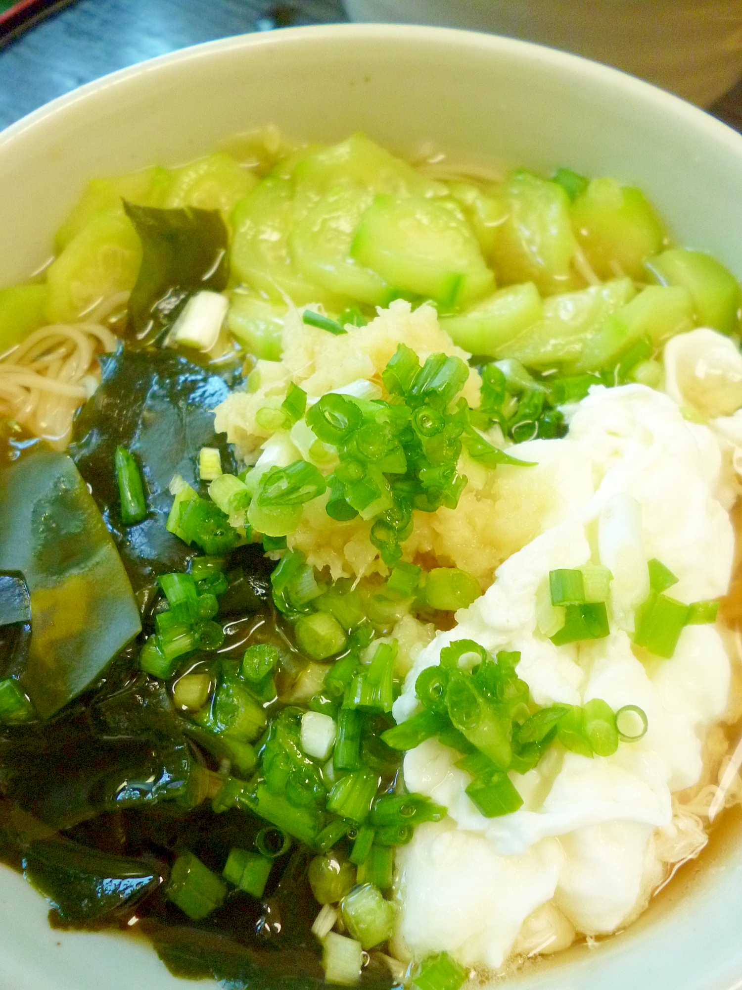 ヘチマ・わかめ・卵・生姜・葱の盛り合わせ冷汁素麺