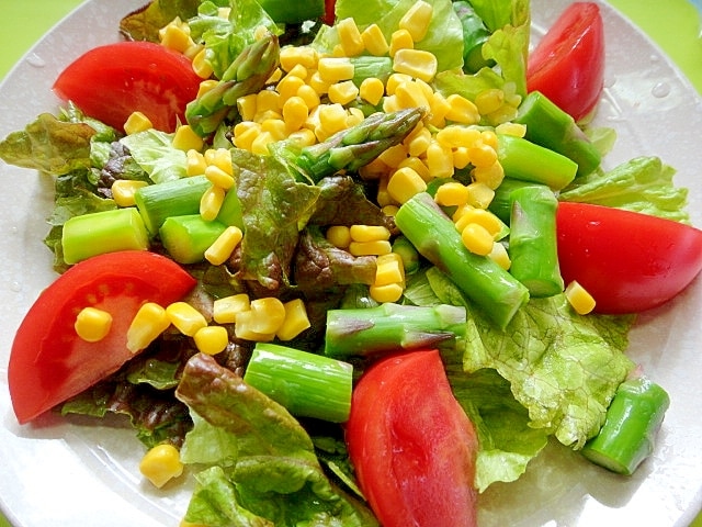  卵 ブロッコリー とうもろこし アスパラガス 玉ねぎ トマト 卵 ブロッコリー とうもろこし アスパラガス 玉ねぎ トマト アスパラと