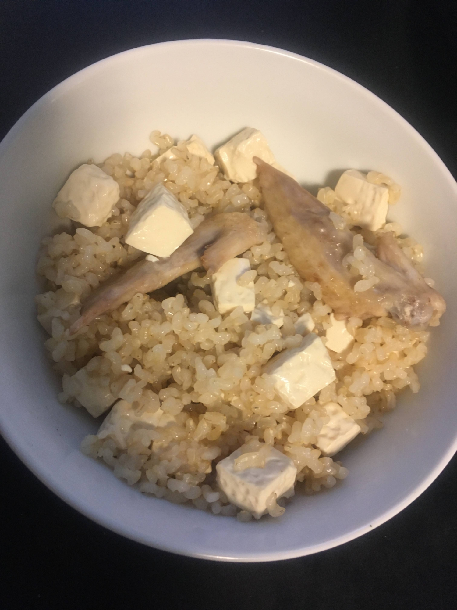 手羽先の先、豆腐の玄米炊き込みご飯