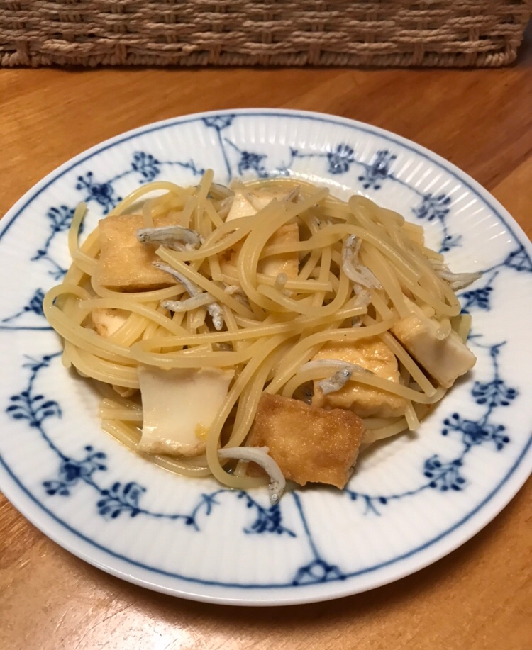 厚揚げとしらすのめんつゆパスタ