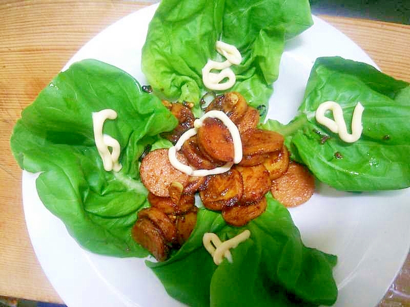 魚肉ソーセージのカレー炒め/サラダ菜敷