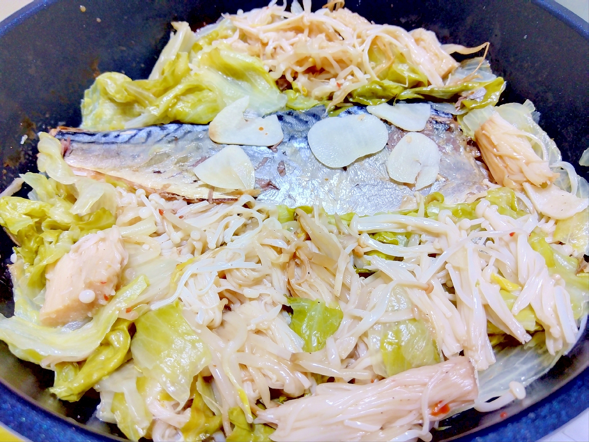 鯖えのきレタスもやし蒸し煮