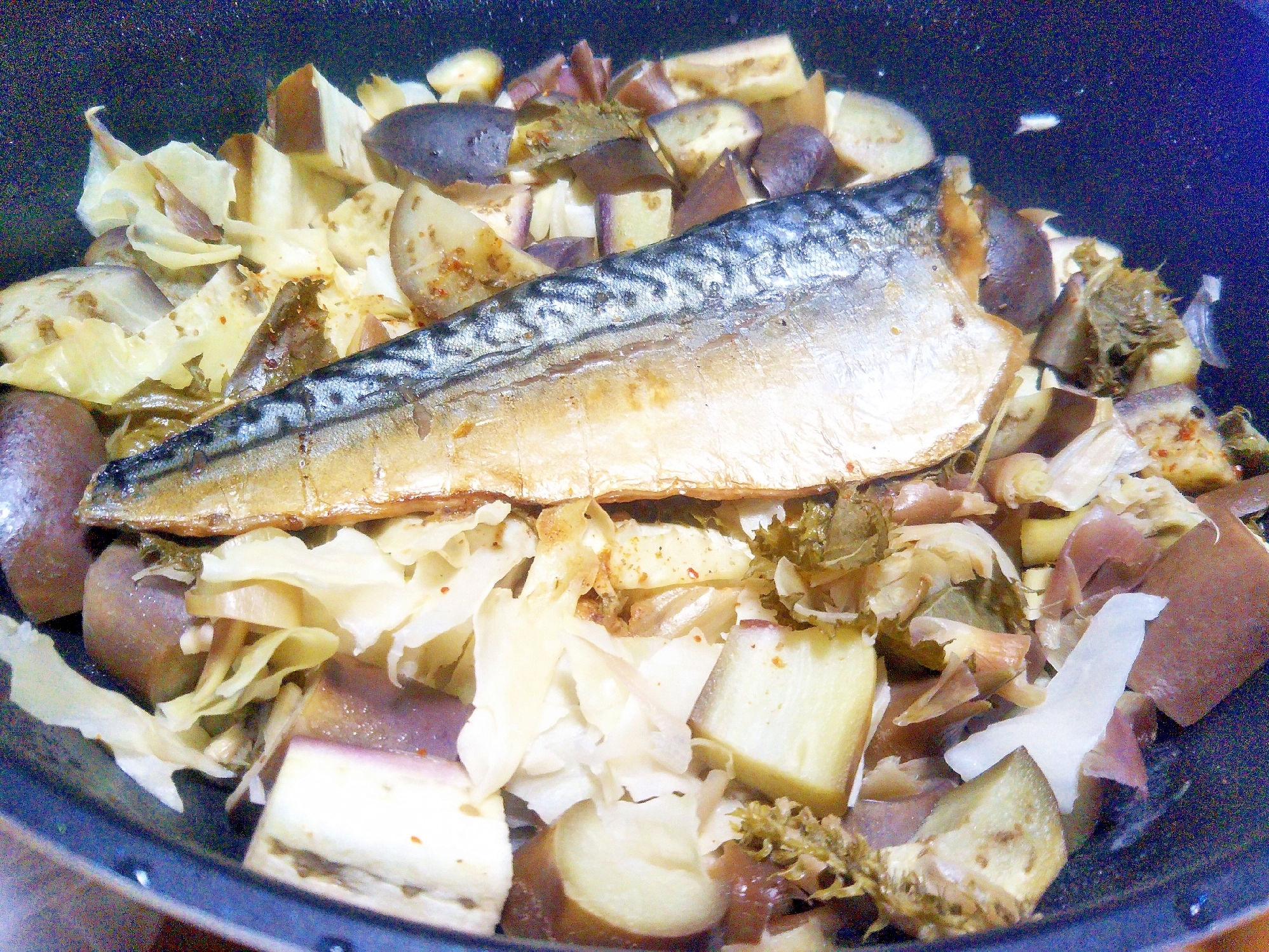 鯖キャベツ茗荷ナスしそ蒸し