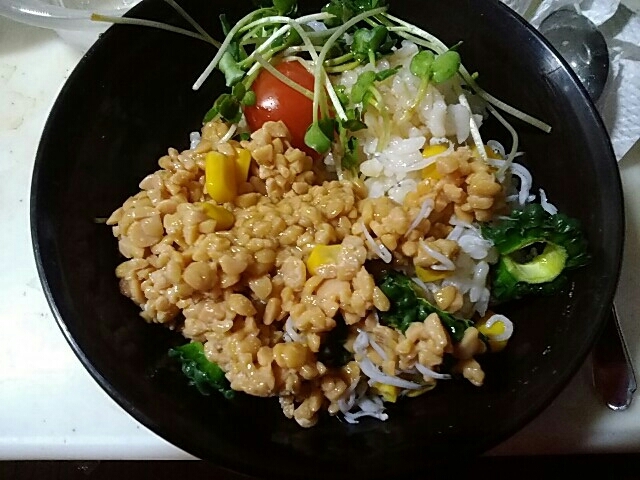 コーン納豆とゴーヤしらす丼