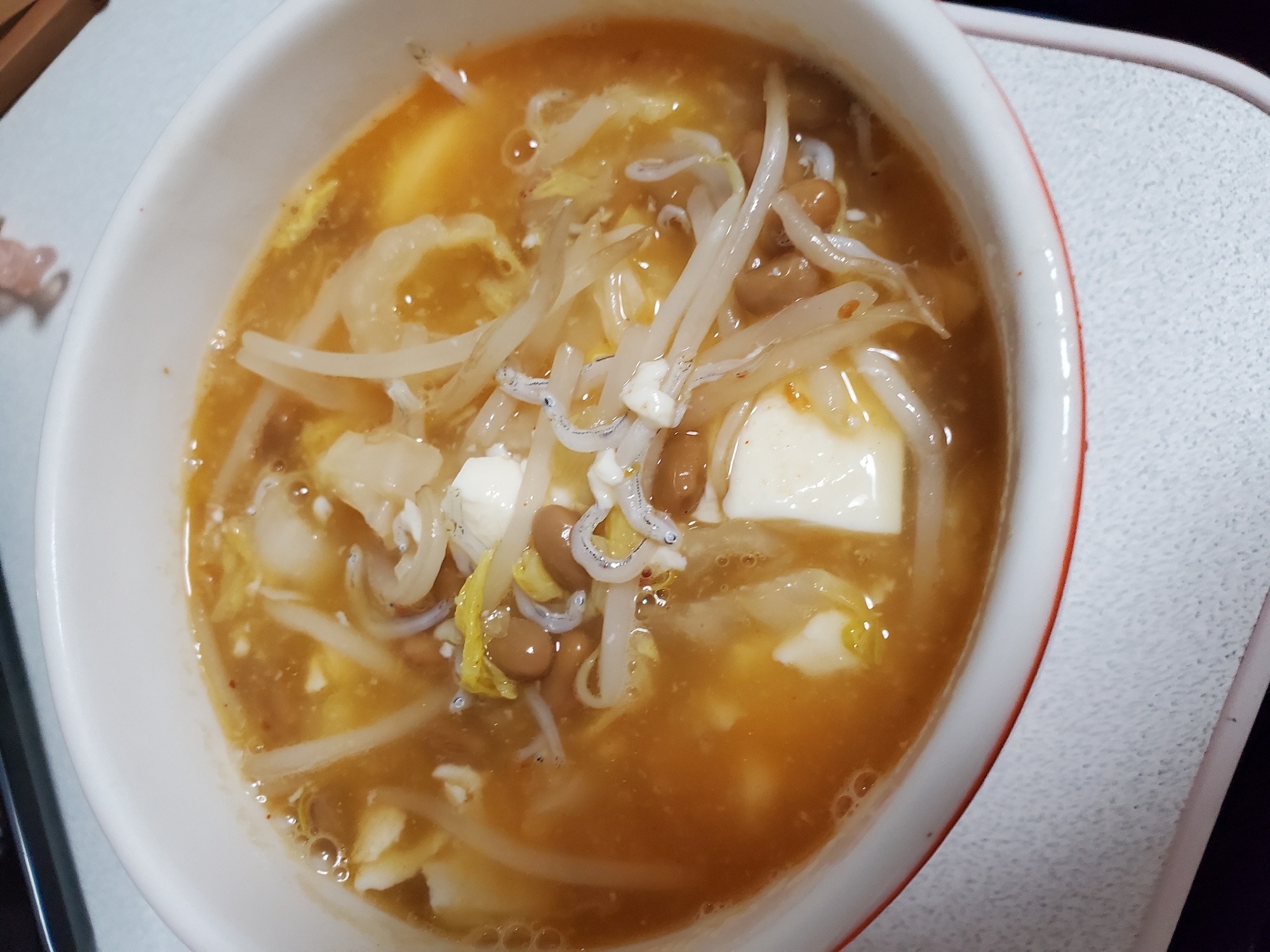 もやしと白菜豆腐の納豆スープ