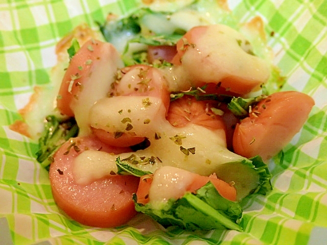 お弁当に　❤水菜とウインナーのトースター焼き❤