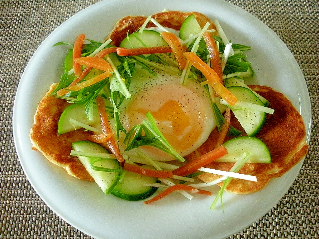 朝食に！大豆粉パンケーキときゅうりと目玉焼き♪