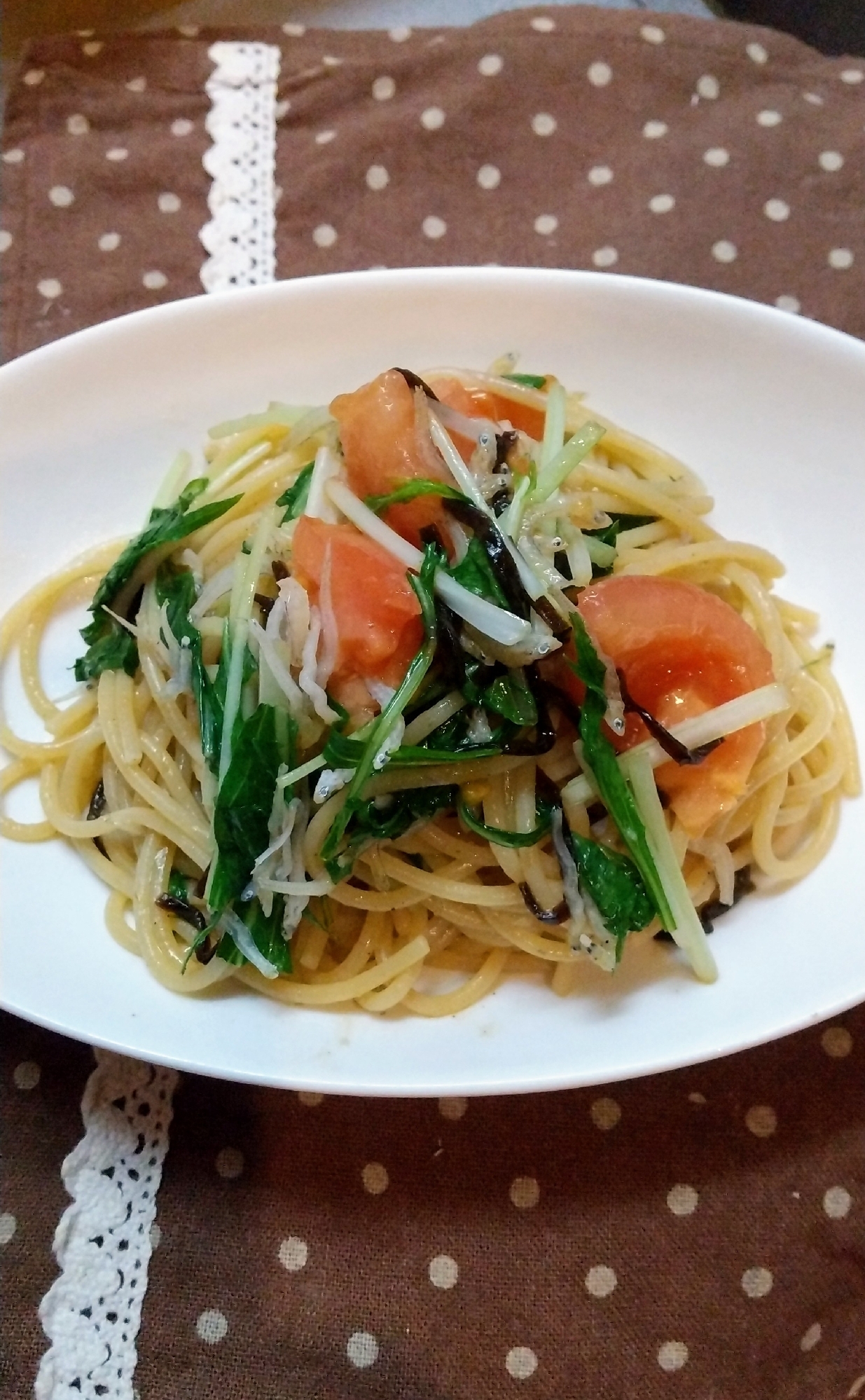 ちりめんじゃこと水菜の塩昆布パスタ♪