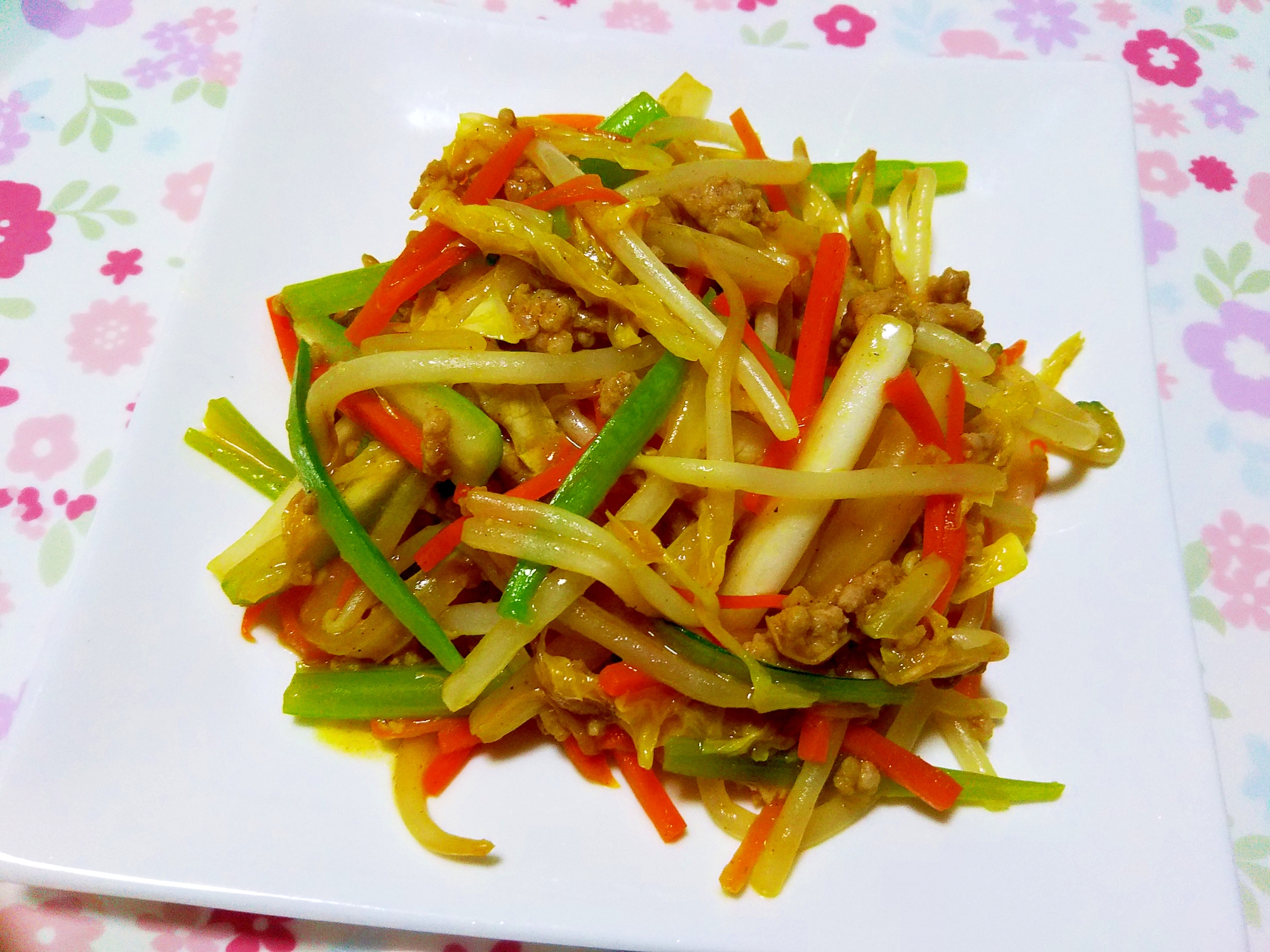 ひき肉と三色野菜のカレー炒め＋＋