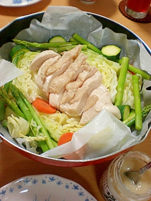 簡単ヘルシー☆塩麹漬け鶏胸肉と野菜のフライパン蒸し