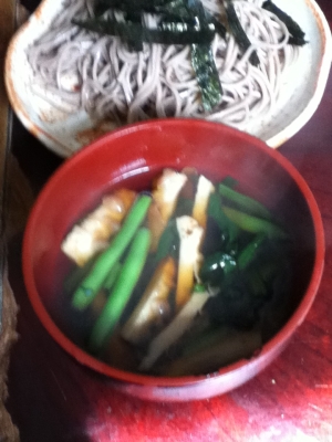 チクワとインゲンとほうれん草のつけ汁deお蕎麦