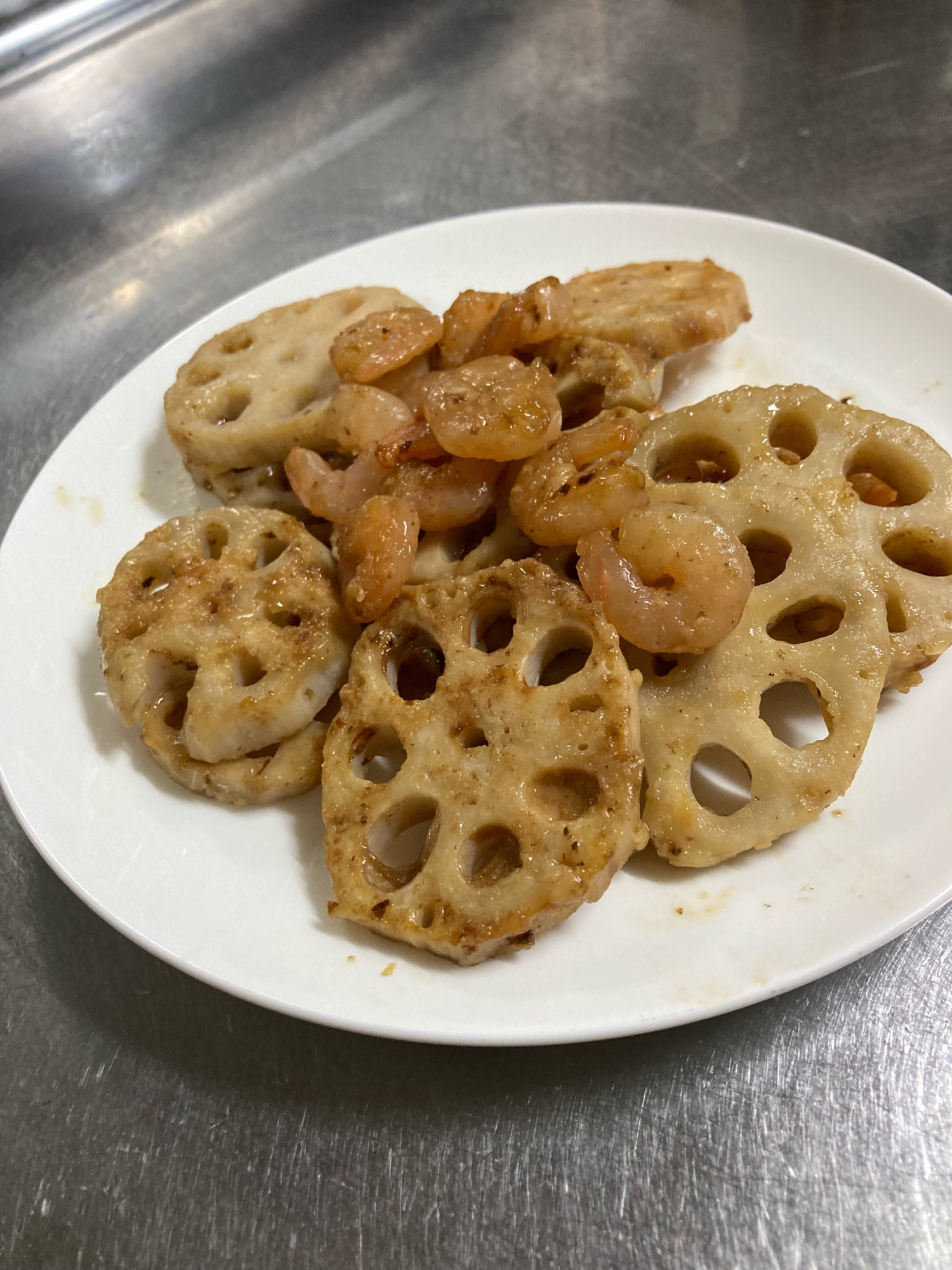 冷凍食材を使って★れんこんとむきえびの甘辛焼き