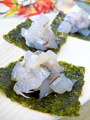 和風前菜 塩麹でさよりの叩き 海苔乗せ レシピ 作り方 By まめもにお 楽天レシピ 和風前菜 塩麹でさよりの叩き 海苔乗せ レシピ 作り方 By まめもにお 楽天レシピ