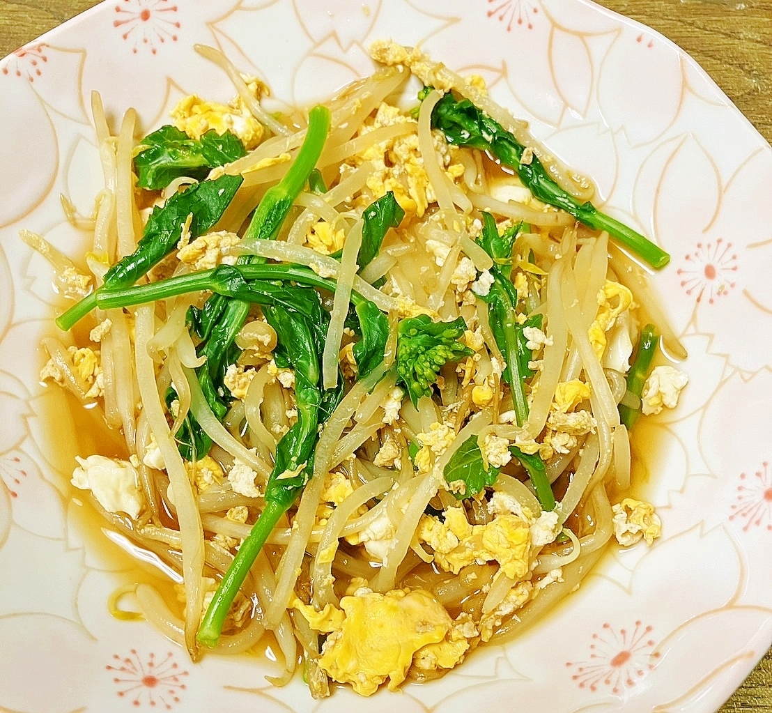 モヤシと野良ぼう菜と玉子のさっと煮